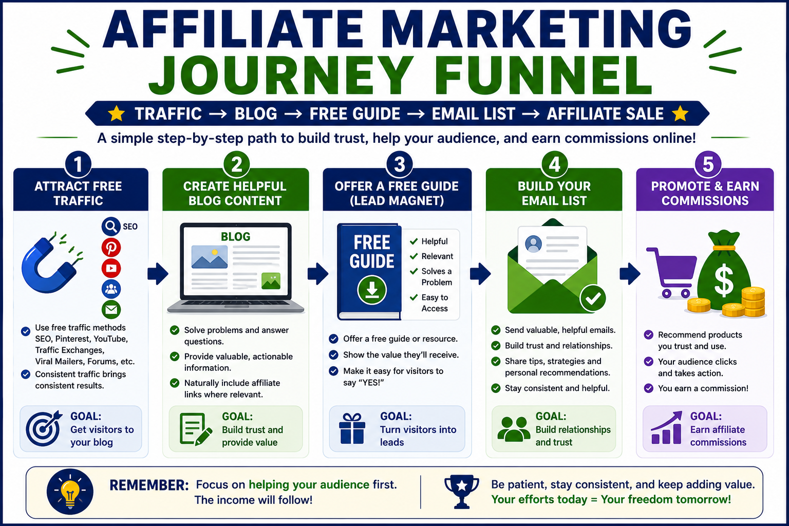 Affiliate marketing content funnel showing how blog content leads to email subscribers and affiliate commissions.