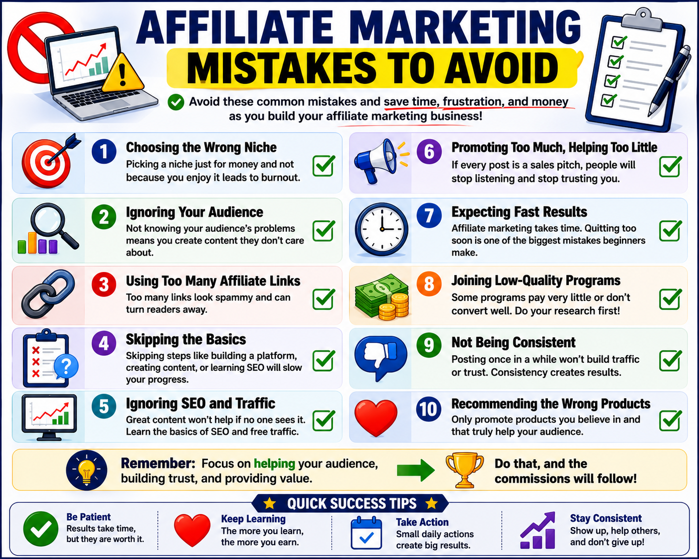 Affiliate marketing mistakes to avoid checklist showing common beginner mistakes such as choosing the wrong niche, promoting too many products, ignoring SEO, and expecting fast results.