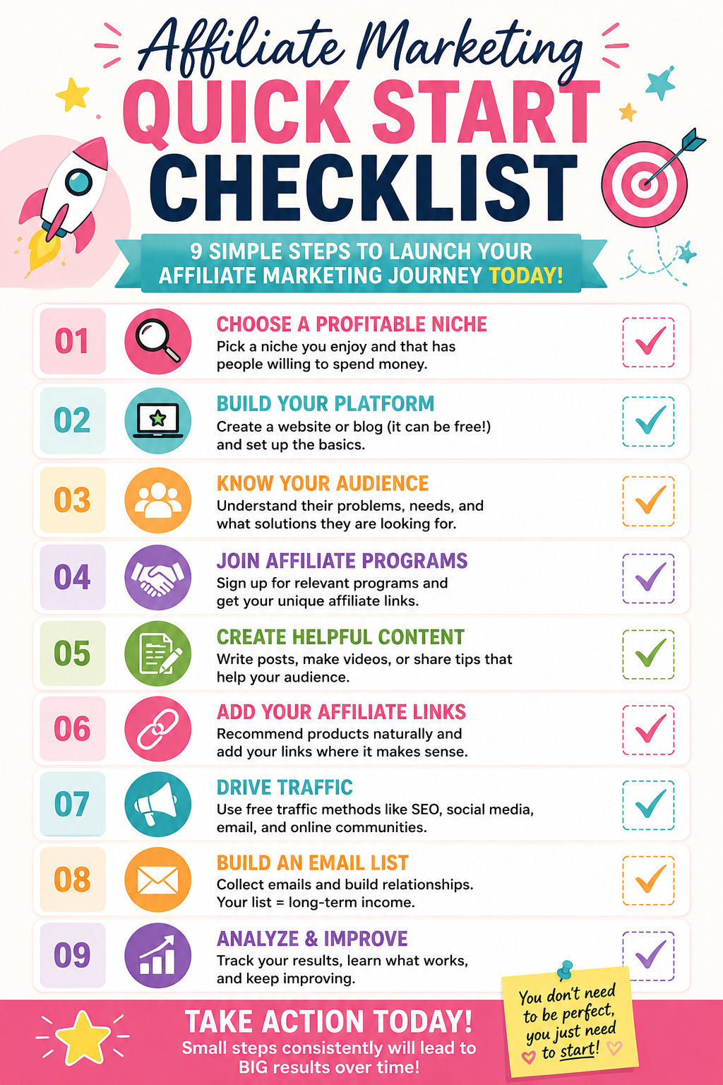 Affiliate marketing quick start checklist with nine beginner steps including choosing a niche, joining affiliate programs, creating content, driving traffic, and building an email list.