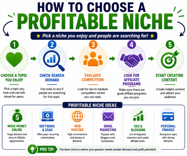 Infographic showing how to choose a profitable niche for affiliate marketing, including market demand, competition, and earning potential.