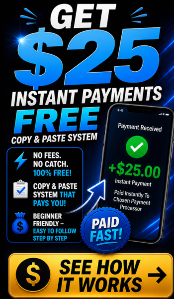 Affiliate marketing banner showing $25 instant payments and gold button “See How It Works” for Instant Pay Blueprint